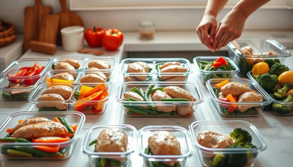 A well-lit kitchen counter, bathed in warm, natural light. On the surface, an array of freshly cooked chicken breasts, neatly portioned into several meal-sized containers. Alongside, an assortment of vibrant vegetables - brightly colored bell peppers, crisp green beans, and tender broccoli florets. The mise en place is impeccable, with a subtle hint of herbs and spices in the air, suggesting a flavorful, balanced meal. A pair of hands carefully sealing the containers, ready to be stored in the fridge for easy weeknight dinners. The scene conveys a sense of organized efficiency and meal-prepping mastery, capturing the essence of "Make-Ahead and Meal Prep Chicken" for summer chicken dinner recipes. A well-lit kitchen counter, bathed in warm, natural light. On the surface, an array of freshly cooked chicken breasts, neatly portioned into several meal-sized containers. Alongside, an assortment of vibrant vegetables - brightly colored bell peppers, crisp green beans, and tender broccoli florets. The mise en place is impeccable, with a subtle hint of herbs and spices in the air, suggesting a flavorful, balanced meal. A pair of hands carefully sealing the containers, ready to be stored in the fridge for easy weeknight dinners. The scene conveys a sense of organized efficiency and meal-prepping mastery, capturing the essence of "Make-Ahead and Meal Prep Chicken" for summer chicken dinner recipes.