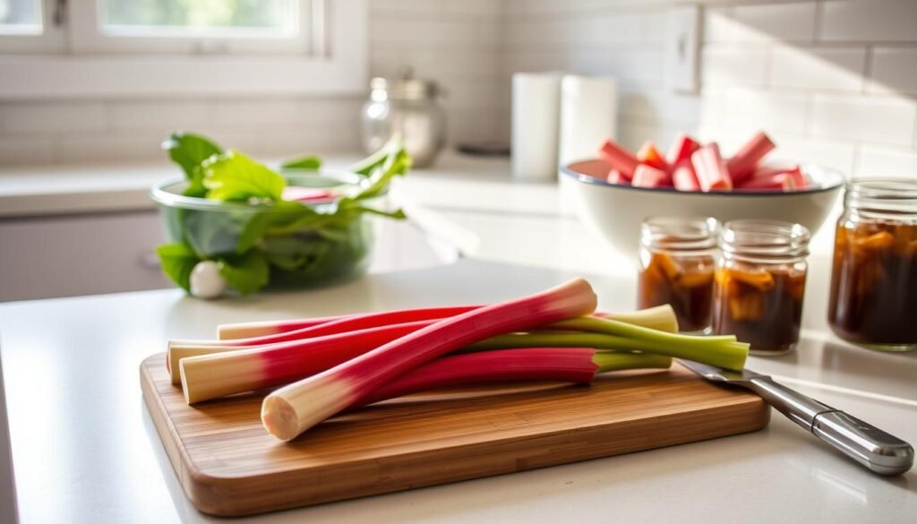 A well-lit kitchen counter, neatly arranged with rhubarb stalks, a cutting board, a sharp knife, and glass jars filled with preserves. Soft natural light filters through a nearby window, casting a warm glow on the scene. In the background, a bowl of freshly washed rhubarb sits, ready for preparation. The countertop surface is clean and uncluttered, allowing the focus to remain on the tools and ingredients essential for creating delectable rhubarb desserts. The overall mood is one of calm, organized efficiency, reflecting the "Pro Tips for Rhubarb Dessert Success" theme. A well-lit kitchen counter, neatly arranged with rhubarb stalks, a cutting board, a sharp knife, and glass jars filled with preserves. Soft natural light filters through a nearby window, casting a warm glow on the scene. In the background, a bowl of freshly washed rhubarb sits, ready for preparation. The countertop surface is clean and uncluttered, allowing the focus to remain on the tools and ingredients essential for creating delectable rhubarb desserts. The overall mood is one of calm, organized efficiency, reflecting the "Pro Tips for Rhubarb Dessert Success" theme.