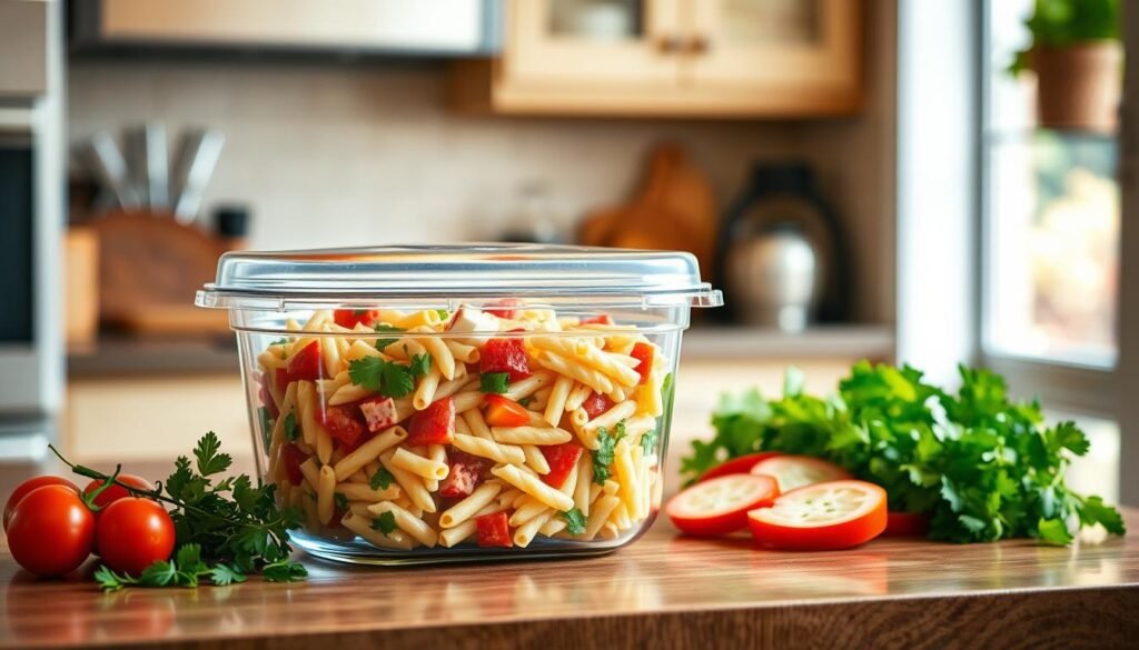 A well-lit kitchen counter, with a glass container filled with colorful pasta salad, surrounded by fresh herbs, sliced vegetables, and a serving spoon. The container has a tight-fitting lid, suggesting storage and ease of transportation. The scene is bathed in warm, natural lighting, creating a cozy and appetizing atmosphere. The focus is on the storage solution, highlighting the importance of proper make-ahead preparation and portability for summer gatherings. A well-lit kitchen counter, with a glass container filled with colorful pasta salad, surrounded by fresh herbs, sliced vegetables, and a serving spoon. The container has a tight-fitting lid, suggesting storage and ease of transportation. The scene is bathed in warm, natural lighting, creating a cozy and appetizing atmosphere. The focus is on the storage solution, highlighting the importance of proper make-ahead preparation and portability for summer gatherings.