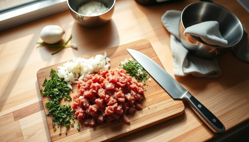 A well-lit kitchen counter with a wooden cutting board, freshly minced beef, chopped onions, garlic, and herbs. A stainless steel bowl, a sharp knife, and a clean dish towel are neatly arranged. The scene exudes a sense of efficiency and organization, ready to transform these simple ingredients into a quick and delicious weeknight meal. Warm, directional lighting casts soft shadows, enhancing the textures and colors of the ingredients. The overall mood is one of effortless culinary preparation, capturing the essence of a "quick minced beef dinner." A well-lit kitchen counter with a wooden cutting board, freshly minced beef, chopped onions, garlic, and herbs. A stainless steel bowl, a sharp knife, and a clean dish towel are neatly arranged. The scene exudes a sense of efficiency and organization, ready to transform these simple ingredients into a quick and delicious weeknight meal. Warm, directional lighting casts soft shadows, enhancing the textures and colors of the ingredients. The overall mood is one of effortless culinary preparation, capturing the essence of a "quick minced beef dinner."