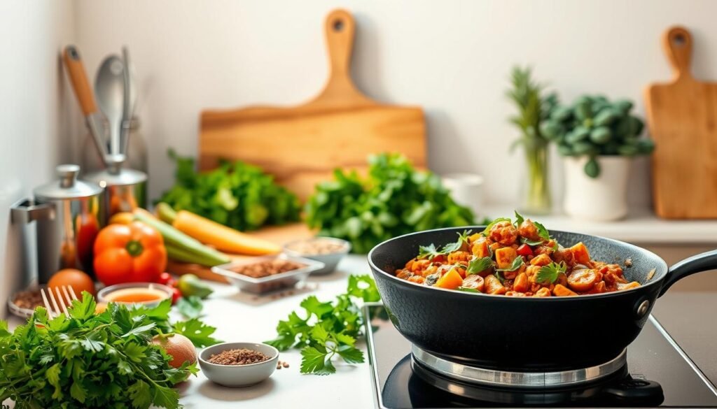 A well-lit kitchen counter with an assortment of fresh Indian spices, herbs, and vegetables arranged neatly. In the foreground, a cast-iron pan sizzles with a fragrant oil-free curry, showcasing the vibrant colors and textures of an authentic Indian dish. Gentle natural light filters through the window, casting a warm, inviting glow over the scene. The middle ground features stainless steel utensils, a wooden cutting board, and a small bowl of aromatic whole spices. In the background, a simple white wall provides a clean, minimalist backdrop, allowing the colors and aromas of the healthy Indian cooking to take center stage. The overall atmosphere exudes a sense of culinary expertise, nutritious ingredients, and a commitment to oil-free, flavorful Indian cuisine. A well-lit kitchen counter with an assortment of fresh Indian spices, herbs, and vegetables arranged neatly. In the foreground, a cast-iron pan sizzles with a fragrant oil-free curry, showcasing the vibrant colors and textures of an authentic Indian dish. Gentle natural light filters through the window, casting a warm, inviting glow over the scene. The middle ground features stainless steel utensils, a wooden cutting board, and a small bowl of aromatic whole spices. In the background, a simple white wall provides a clean, minimalist backdrop, allowing the colors and aromas of the healthy Indian cooking to take center stage. The overall atmosphere exudes a sense of culinary expertise, nutritious ingredients, and a commitment to oil-free, flavorful Indian cuisine.