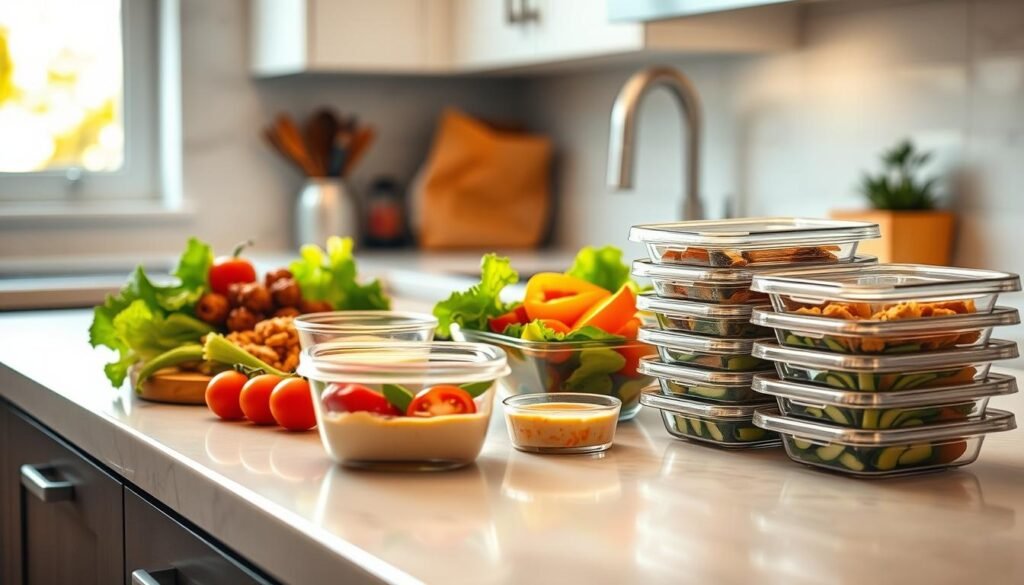 A well-lit kitchen countertop, illuminated by warm natural light filtering through a nearby window. On the surface, an assortment of fresh ingredients - crisp lettuce, juicy tomatoes, vibrant bell peppers, and a container of cooked chicken or tofu. Alongside, a sleek glass container filled with a creamy, zesty dressing, and a set of reusable meal prep containers ready to be assembled. The scene conveys a sense of effortless, efficient meal preparation, with a focus on wholesome, flavorful components that can be quickly combined for a nourishing, on-the-go lunch. A well-lit kitchen countertop, illuminated by warm natural light filtering through a nearby window. On the surface, an assortment of fresh ingredients - crisp lettuce, juicy tomatoes, vibrant bell peppers, and a container of cooked chicken or tofu. Alongside, a sleek glass container filled with a creamy, zesty dressing, and a set of reusable meal prep containers ready to be assembled. The scene conveys a sense of effortless, efficient meal preparation, with a focus on wholesome, flavorful components that can be quickly combined for a nourishing, on-the-go lunch.