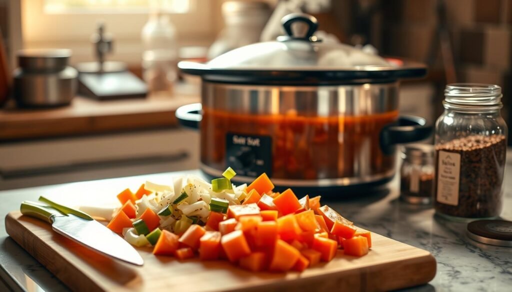 A well-lit kitchen countertop showcases a sturdy crockpot simmering a rich, aromatic soup. In the foreground, a cutting board displays freshly chopped vegetables - carrots, onions, and celery. Nearby, a glass jar holds herbs and spices, their labels visible. The middle ground features the crockpot, its lid slightly ajar, allowing steam to escape. The background softly blurs, suggesting the organized chaos of a functional kitchen. Warm, golden light filters through the scene, creating a cozy, inviting atmosphere. The overall composition emphasizes the care and attention to detail required for perfecting crock pot soup, reflecting the article's focus on mastering this comforting culinary technique.