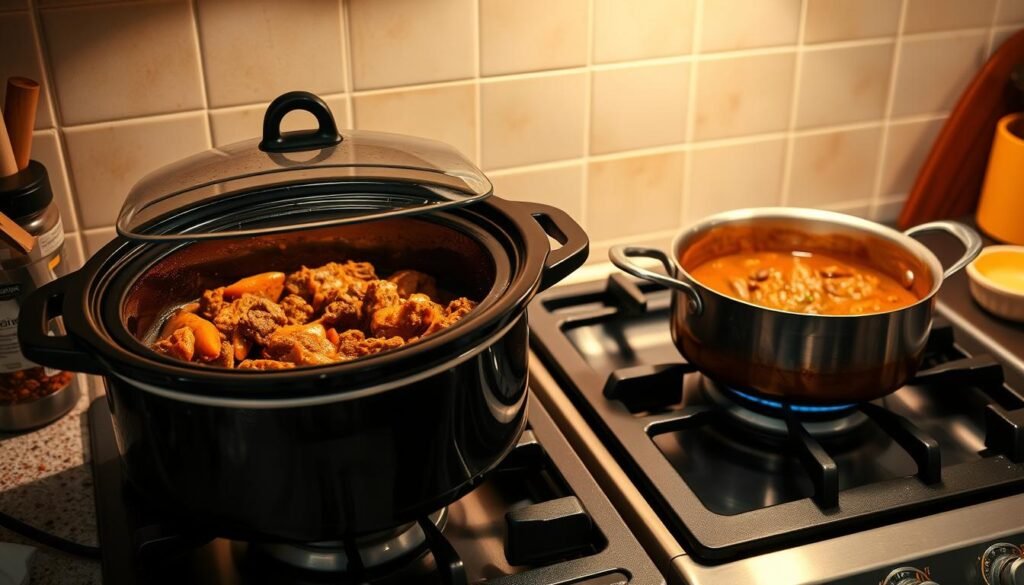 A well-lit kitchen countertop with a slow cooker and a saucepan simmering on a gas stove. The slow cooker's lid is slightly ajar, revealing the rich, fragrant Caribbean beef stew bubbling inside. The stovetop features the same stew, its surface glistening with a layer of oil. Warm, muted lighting casts a cozy ambiance, while the countertop showcases various cooking utensils and spices, hinting at the flavorful process. The scene captures the distinct methods of slow cooking and stovetop simmering, inviting the viewer to consider the nuances of each approach for crafting the perfect Caribbean beef stew.