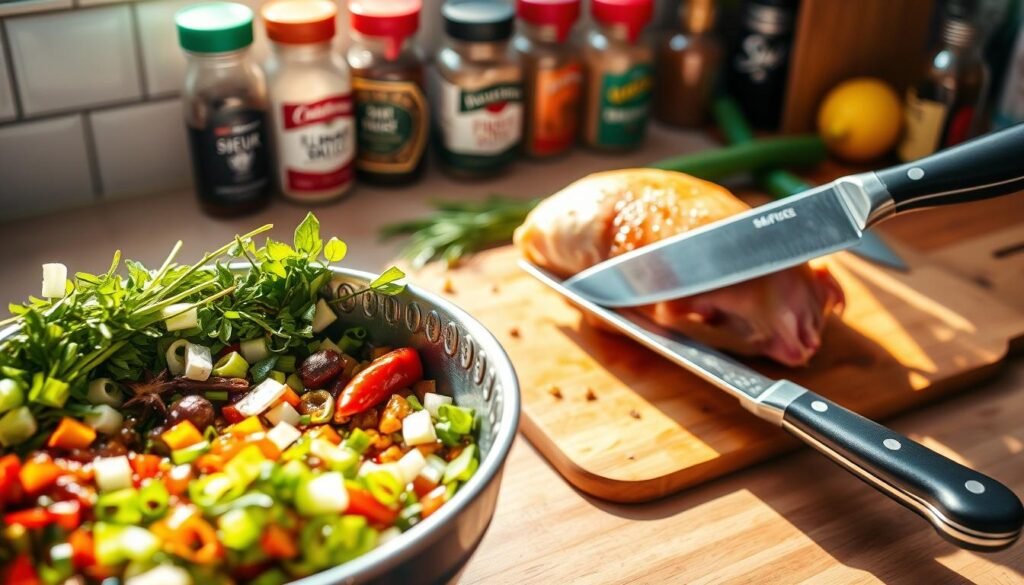 A well-lit kitchen countertop with freshly prepared Jamaican jerk chicken marinade. In the foreground, a stainless-steel bowl overflows with a vibrant mixture of scallions, thyme, allspice, scotch bonnet peppers, soy sauce, and lime juice. In the middle ground, a chef's knife slices through a succulent chicken thigh, exposing the rich, flavorful meat. The background features neatly organized spice jars and a wooden cutting board, creating a sense of organized preparation. Warm, natural lighting casts shadows that accentuate the textural details of the ingredients, conveying the aromatic and flavor-packed essence of authentic Jamaican jerk chicken. A well-lit kitchen countertop with freshly prepared Jamaican jerk chicken marinade. In the foreground, a stainless-steel bowl overflows with a vibrant mixture of scallions, thyme, allspice, scotch bonnet peppers, soy sauce, and lime juice. In the middle ground, a chef's knife slices through a succulent chicken thigh, exposing the rich, flavorful meat. The background features neatly organized spice jars and a wooden cutting board, creating a sense of organized preparation. Warm, natural lighting casts shadows that accentuate the textural details of the ingredients, conveying the aromatic and flavor-packed essence of authentic Jamaican jerk chicken.