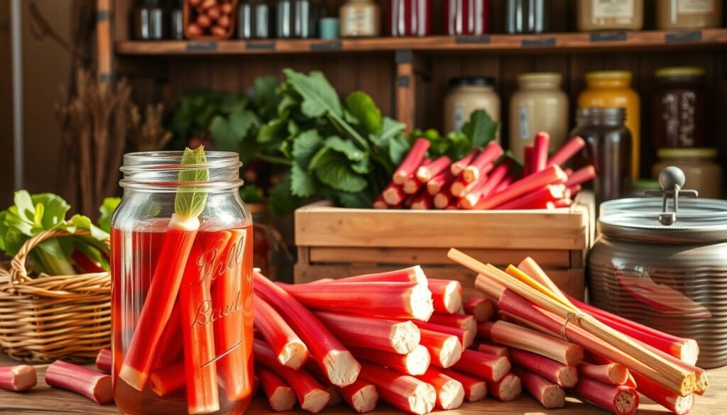 A well-lit, meticulously staged still life depicting various rhubarb storage methods. In the foreground, a glass jar filled with vibrant red rhubarb stalks, their juices glistening. Surrounding it, an arrangement of woven baskets, each containing neatly bundled rhubarb, showcasing different preservation techniques. In the middle ground, a wooden crate overflows with freshly harvested rhubarb, its leaves still attached. The background features a rustic wooden shelf, adorned with glass jars and ceramic crocks, hinting at the bounty of preserved rhubarb ready for year-round enjoyment. The scene is bathed in warm, natural light, creating a cozy, inviting atmosphere that captures the essence of rhubarb's versatility and longevity.