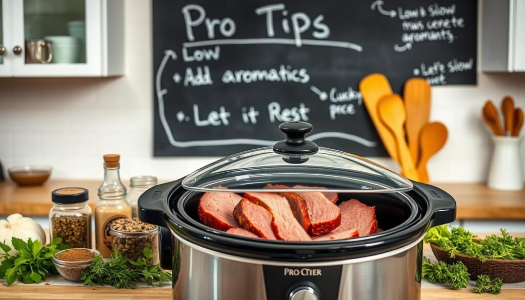 A well-lit modern kitchen countertop, with a slow cooker in the foreground, surrounded by various herbs, spices, and cooking utensils. The slow cooker contains a succulent corned beef brisket, its tender, juicy slices visible through the glass lid. In the background, a chalkboard wall displays handwritten "Pro Tips" for achieving the perfect slow cooker corned beef, such as "Low and Slow," "Add Aromatics," and "Let it Rest." The scene conveys a sense of culinary expertise and the joy of effortless, flavorful slow-cooked meals.