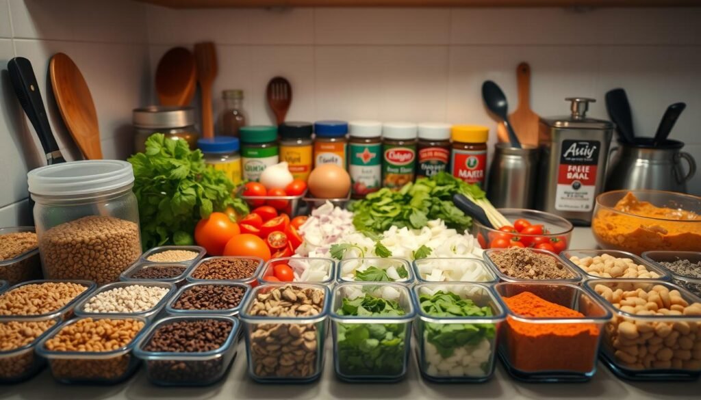 A well-organized kitchen counter showcases an array of Indian spices, vegetables, and cooking utensils. In the foreground, neatly arranged containers hold various lentils, grains, and herbs, ready for meal prepping. The middle ground features a colorful spread of chopped onions, tomatoes, and leafy greens, complemented by an array of Indian masala blends. Soft, indirect lighting casts a warm, inviting glow, creating a serene and organized atmosphere. The image conveys a sense of efficiency and preparation, with all the necessary ingredients and tools at hand, ready to craft authentic Indian dishes. A well-organized kitchen counter showcases an array of Indian spices, vegetables, and cooking utensils. In the foreground, neatly arranged containers hold various lentils, grains, and herbs, ready for meal prepping. The middle ground features a colorful spread of chopped onions, tomatoes, and leafy greens, complemented by an array of Indian masala blends. Soft, indirect lighting casts a warm, inviting glow, creating a serene and organized atmosphere. The image conveys a sense of efficiency and preparation, with all the necessary ingredients and tools at hand, ready to craft authentic Indian dishes.
