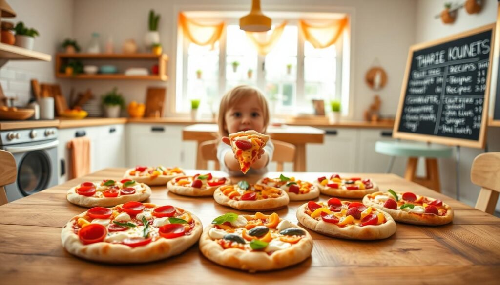 A whimsical kitchen scene with a variety of colorful, kid-friendly pizza recipes on display. In the foreground, a wooden table is set with freshly baked miniature pizzas, each with a different topping - pepperoni, vegetables, fruit, and more. In the middle ground, a child's hand reaches in to grab a slice, capturing the delight and excitement of a healthy, homemade meal. The background features a bright, airy kitchen with cheerful decor, natural lighting filtering in through large windows, and a chalkboard or whiteboard showcasing additional recipe ideas. The overall mood is warm, inviting, and sure to put a smile on any child's face.