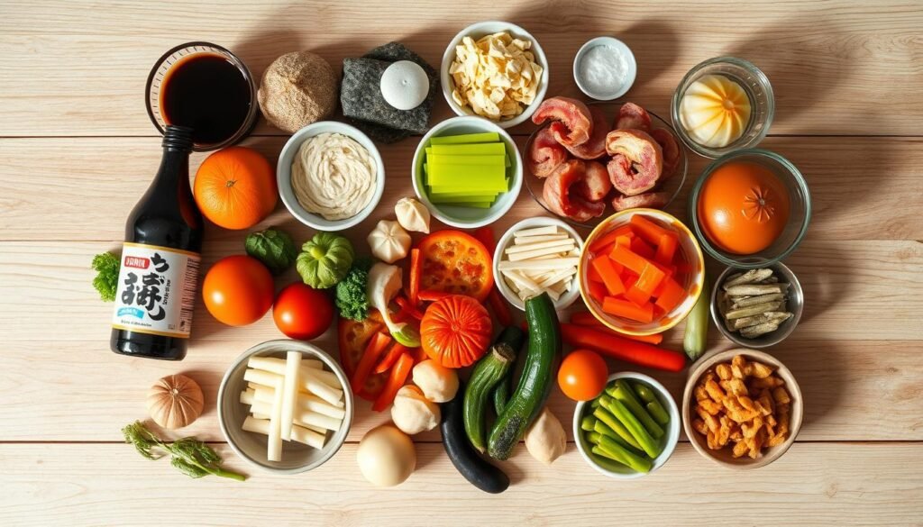 A wide assortment of Japanese culinary essentials artfully arranged on a minimalist wooden backdrop. Vibrant ingredients like soy sauce, mirin, miso paste, nori sheets, wasabi, and a variety of pickled vegetables create a visually stunning composition. The lighting is soft and diffused, casting gentle shadows that accentuate the textures and colors. The camera angle is slightly elevated, providing an overhead perspective that showcases the diverse array of traditional Japanese flavors and condiments. The mood is one of simplicity, elegance, and reverence for the foundational elements of authentic Japanese cuisine. A wide assortment of Japanese culinary essentials artfully arranged on a minimalist wooden backdrop. Vibrant ingredients like soy sauce, mirin, miso paste, nori sheets, wasabi, and a variety of pickled vegetables create a visually stunning composition. The lighting is soft and diffused, casting gentle shadows that accentuate the textures and colors. The camera angle is slightly elevated, providing an overhead perspective that showcases the diverse array of traditional Japanese flavors and condiments. The mood is one of simplicity, elegance, and reverence for the foundational elements of authentic Japanese cuisine.