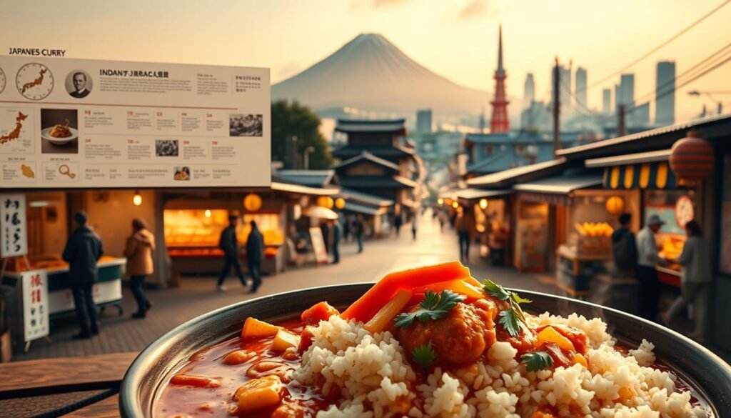 A wide, panoramic scene depicting the origins and evolution of Japanese curry, rendered in a realistic, photographic style. In the foreground, a traditional Japanese curry dish with steaming rice, vegetables, and a rich, savory sauce. Behind it, a timeline of curry's journey from India to Japan, with historic illustrations and maps tracing its cultural diffusion. In the middle ground, a bustling Japanese street scene with vendors selling curry-based snacks and street food. In the background, silhouettes of Mount Fuji and the Tokyo skyline, bathed in warm, golden lighting to evoke a sense of comfort and tradition. The overall composition highlights the unique fusion of flavors and culinary influences that have shaped the iconic Japanese curry.