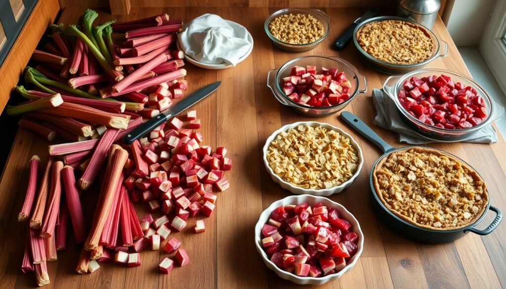 A wide, wooden kitchen counter filled with various rhubarb cooking preparations - stalks, sliced, stewed, and baked into pies, tarts, and crumbles. Soft, natural lighting illuminates the vibrant red-pink hues of the rhubarb against the warm, earthy tones of the wood. Scattered throughout are culinary tools like a sharp chef's knife, a rolling pin, and baking dishes, hinting at the versatile ways rhubarb can be utilized in the kitchen. The overall mood is one of rustic, homemade comfort and the mouthwatering aromas of rhubarb desserts.