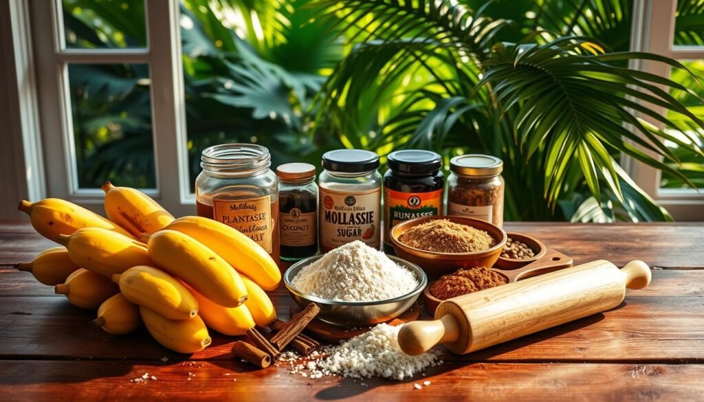 A wooden table set with an assortment of Caribbean baking essentials: ripe plantains, grated coconut, jars of molasses, brown sugar, cinnamon sticks, nutmeg, allspice, and a rolling pin. The ingredients are bathed in warm, golden light from a large window, casting soft shadows. In the background, lush tropical foliage frames the scene, hinting at the vibrant flavors and aromas of traditional Caribbean desserts. The overall mood is one of abundance, authenticity, and the comforting familiarity of time-honored recipes.