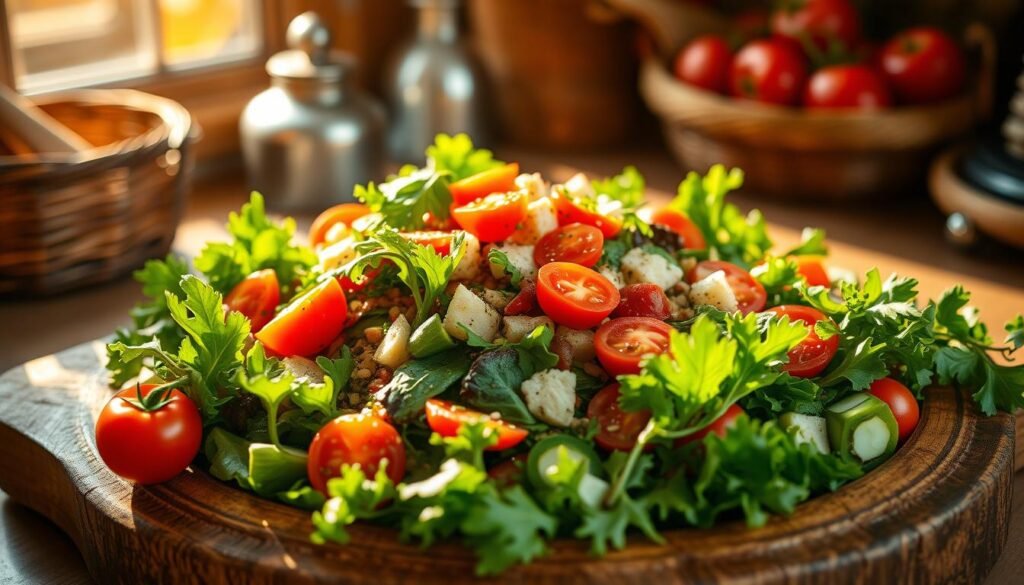 An artfully arranged seasonal dinner salad with vibrant greens, juicy tomatoes, crisp vegetables, and colorful garnishes, bathed in warm, golden sunlight and captured with a wide-angle lens to showcase the bounty of the harvest. The salad serves as the centerpiece of the scene, surrounded by earthy tones and rustic textures that evoke the comforting atmosphere of a cozy kitchen. The composition emphasizes the fresh, nourishing ingredients and the inviting presentation, inspiring the viewer to savor the flavors of the changing seasons.