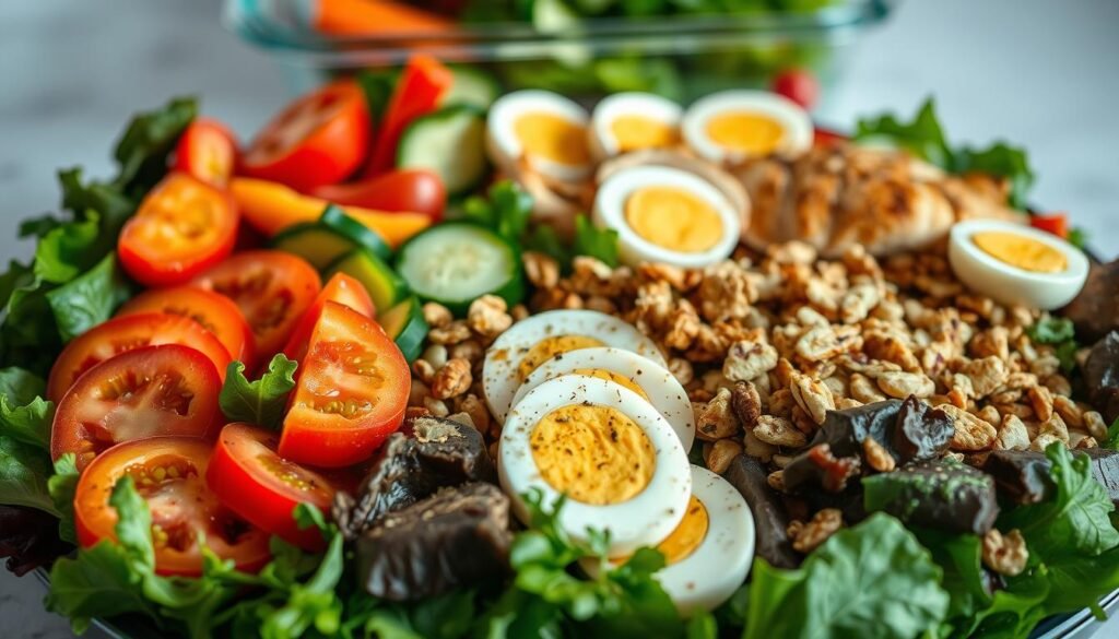 An elegant, appetizing arrangement of a variety of fresh, vibrant salad ingredients perfectly prepped for a wholesome, satisfying dinner. In the foreground, a bed of dark leafy greens sits alongside colorful slices of tomatoes, cucumbers, bell peppers, and carrots. In the middle ground, grilled chicken breasts, hard-boiled eggs, and a scattering of toasted nuts and seeds add protein and crunch. The background features a glass meal prep container, hinting at the convenience of these nourishing, make-ahead salad recipes. Soft, directional lighting casts a warm, appetizing glow over the scene, capturing the essence of delicious, nutritious dinner salads.
