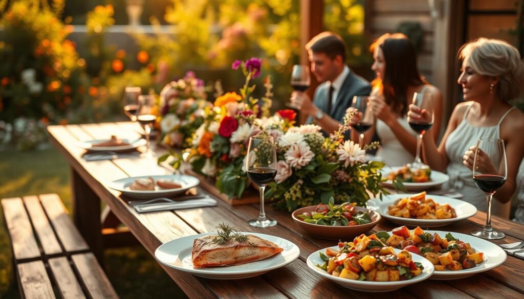 An elegant outdoor setting with a long wooden table adorned with a lush floral centerpiece, surrounded by a vibrant summer garden in full bloom. Soft, warm lighting casts a golden glow, creating a cozy and inviting atmosphere perfect for a special occasion dinner party. Delectable dishes, from grilled salmon with fresh herbs to a colorful vegetable ratatouille, are artfully arranged, tempting the senses. Guests converse animatedly, wine glasses in hand, as they savor the flavors of the season. This serene, idyllic scene captures the essence of a summer dinner party, perfect for showcasing a collection of must-try recipes.