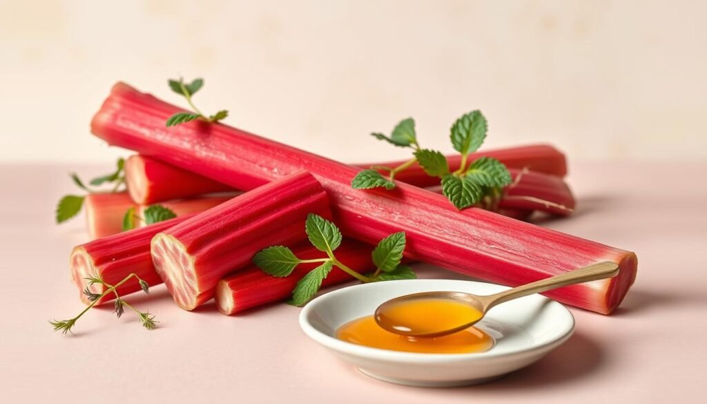 An inviting still life arrangement showcasing rhubarb's natural beauty and versatility in flavor pairing. A vibrant stalk of fresh rhubarb takes center stage, its crimson hues contrasting against a soft, pastel background. Surrounding the rhubarb are delicate sprigs of herbs, perhaps mint or lemon thyme, hinting at the refreshing and aromatic notes that complement its tart profile. In the foreground, a small saucer displays a spoonful of golden honey, a natural sweetener that balances rhubarb's acidity. The lighting is soft and diffused, creating a warm, inviting atmosphere that emphasizes the organic textures and colors. The overall composition conveys a sense of culinary exploration and the harmonious pairing of rhubarb with complementary flavors.
