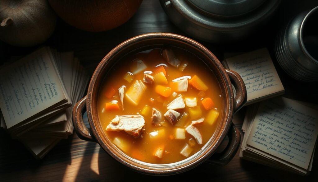 An overhead shot of a simmering ham bone soup in a rustic ceramic bowl, casting a warm glow in a cozy, softly-lit kitchen setting. The broth is rich and golden, with chunks of tender ham, carrots, celery, and onions visible. A stack of crumpled, handwritten recipe cards sits nearby, hinting at the family tradition behind this nourishing dish. The scene exudes a sense of comfort and homespun simplicity, perfectly capturing the essence of "Storage Tips for Leftover Ham Bone Soup".