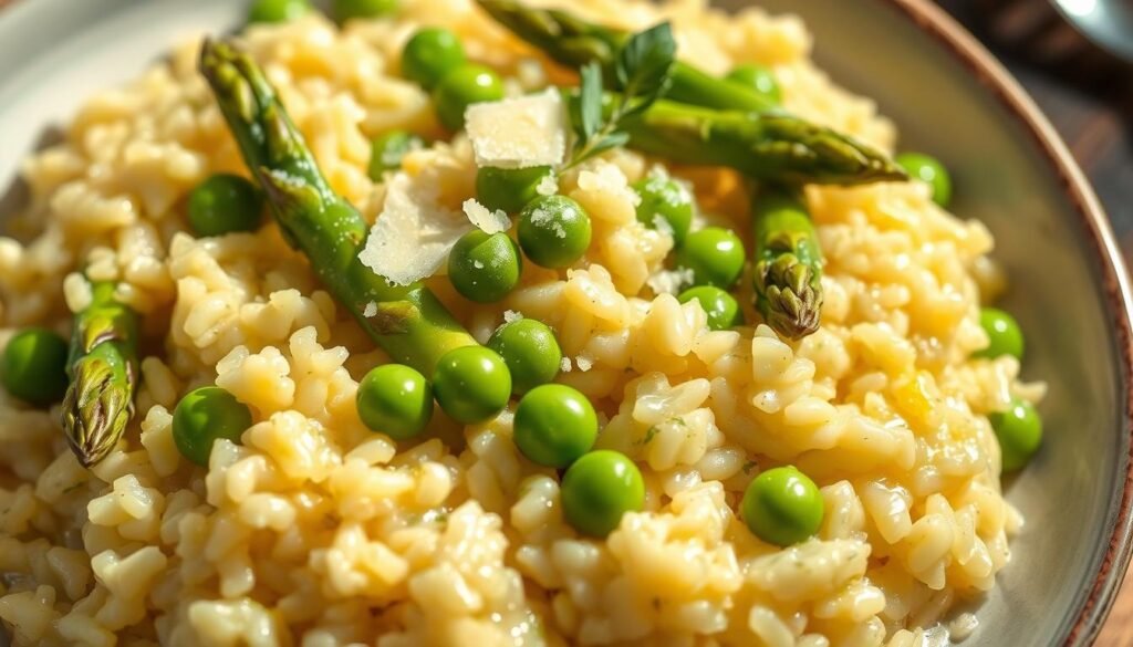 Asparagus and Pea Risotto: A Vibrant Spring Delight A close-up view of a creamy, luscious risotto dish, glistening under soft, natural light. The vibrant green of fresh asparagus spears and plump peas, artfully arranged amidst a bed of perfectly al dente rice. The risotto has a velvety texture, punctuated by the tender-crisp vegetables. A drizzle of olive oil reflects the light, adding a glossy sheen. The composition is balanced, with the risotto taking center stage, surrounded by a muted, earthy backdrop that enhances the seasonal, springtime essence of the dish. A sprinkle of Parmesan cheese and a few delicate herb leaves complete the elegant presentation, inviting the viewer to savor the flavors of this meticulously crafted seasonal main course. Asparagus and Pea Risotto: A Vibrant Spring Delight A close-up view of a creamy, luscious risotto dish, glistening under soft, natural light. The vibrant green of fresh asparagus spears and plump peas, artfully arranged amidst a bed of perfectly al dente rice. The risotto has a velvety texture, punctuated by the tender-crisp vegetables. A drizzle of olive oil reflects the light, adding a glossy sheen. The composition is balanced, with the risotto taking center stage, surrounded by a muted, earthy backdrop that enhances the seasonal, springtime essence of the dish. A sprinkle of Parmesan cheese and a few delicate herb leaves complete the elegant presentation, inviting the viewer to savor the flavors of this meticulously crafted seasonal main course.