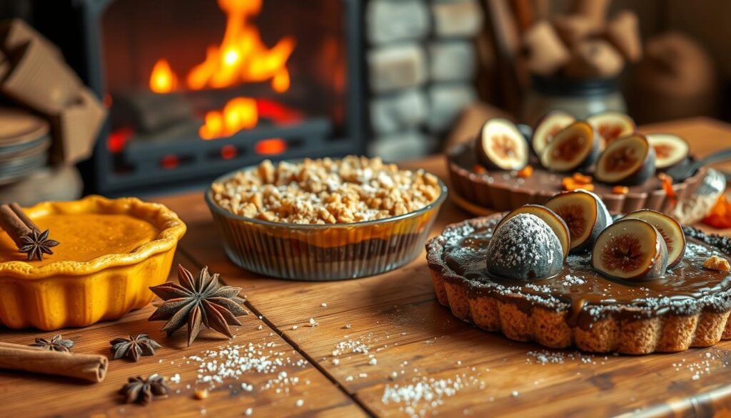 Autumn-inspired gluten-free desserts, delicately arranged on a rustic wooden table. In the foreground, a warm, fragrant pumpkin pie with a golden-brown crust, accompanied by a scattering of cinnamon sticks and star anise. Beside it, a moist and crumbly apple crumble, its crunchy topping dusted with powdered sugar. In the middle ground, a rich and decadent chocolate-hazelnut tart, garnished with fresh figs and a drizzle of caramel. The background features a cozy fireplace, casting a warm glow and hinting at the comforting atmosphere. The lighting is soft and inviting, capturing the essence of a cozy, autumnal gathering.