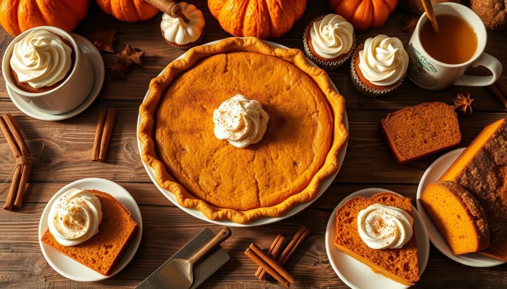 Autumn-tinged pumpkin desserts arranged on a rustic wooden table, bathed in warm golden light. At the center, a decadent pumpkin pie with a flaky crust, swirls of whipped cream, and a dusting of cinnamon. Surrounding it, pumpkin spice cupcakes with cream cheese frosting, pumpkin bread slices, and a steaming mug of spiced cider. The scene evokes the cozy comfort of a fall harvest, with hints of cinnamon, nutmeg, and clove wafting through the air. A classic autumnal still life, capturing the essence of a soul-warming seasonal treat.