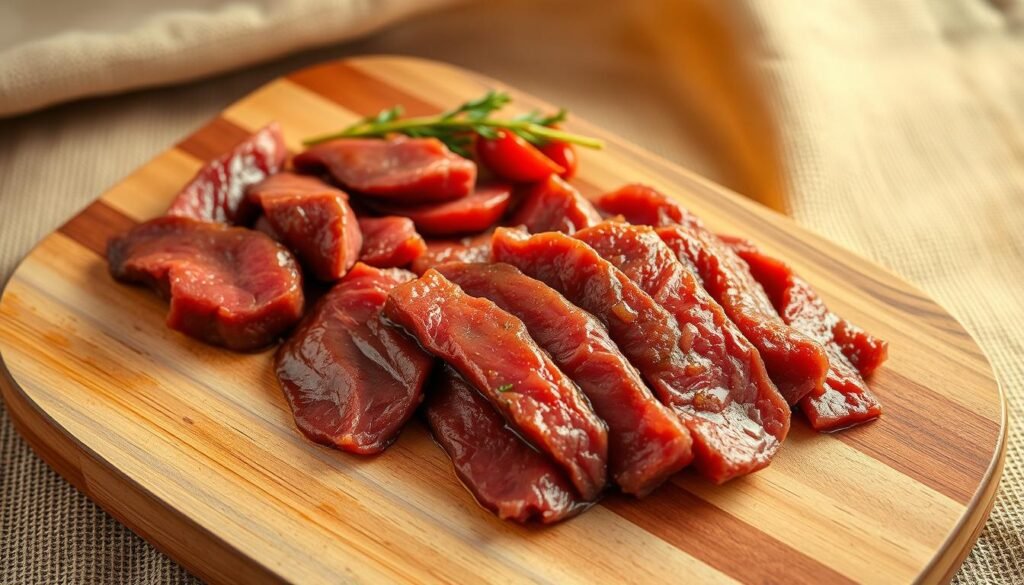 Beef strips for stir fry preparation, arranged on a rustic wooden cutting board against a natural linen backdrop. The strips are sliced evenly, glistening with a hint of marinade. Warm, diffused lighting casts a golden glow, highlighting the rich, reddish-brown hues of the premium beef. The frame is tightly composed, emphasizing the simplicity and essential nature of the ingredients. The overall mood is one of culinary focus and anticipation, setting the stage for an authentic Asian-inspired stir fry experience.