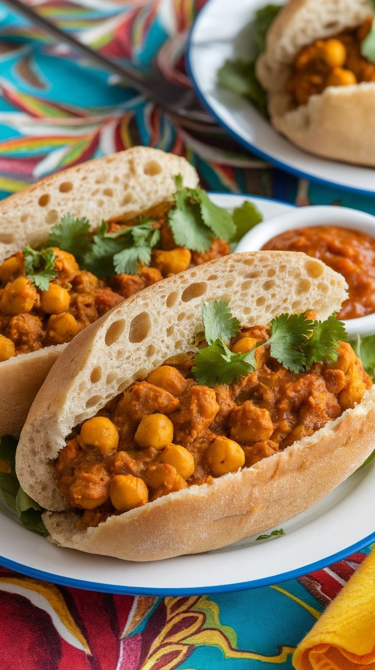 Trinidadian doubles with chickpea curry in bara bread, garnished with cilantro and tamarind chutney on a colorful table.