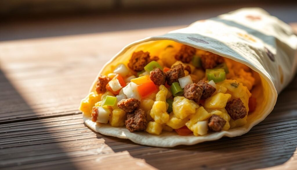 Closeup of a hearty breakfast burrito on a wooden surface, with a soft, fluffy scrambled egg filling overflowing with diced bell peppers, diced onions, and crumbled chorizo sausage. The burrito is wrapped in a warm, toasted tortilla, casting a soft shadow on the surface. Natural sunlight streams in from the left, creating highlights and shadows that accentuate the textures. The overall mood is inviting and appetizing, highlighting the high-protein, nutrient-rich ingredients that make this breakfast option both delicious and satisfying.