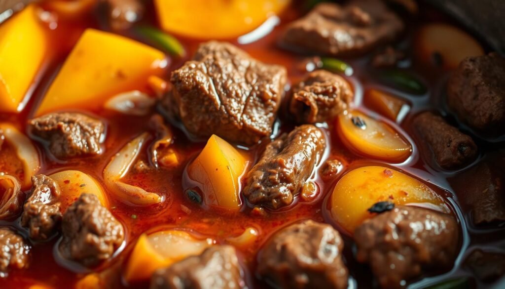 Closeup of a simmering Caribbean beef stew, with chunks of tender beef, sliced yams, and aromatic vegetables like onions, peppers, and garlic. The stew has a rich, savory broth that glistens in the warm, directional lighting. The scene is framed to highlight the vibrant colors and textures of the ingredients, creating an appetizing and inviting composition. The overall mood is cozy and comforting, evoking the warmth and flavors of Caribbean cuisine.
