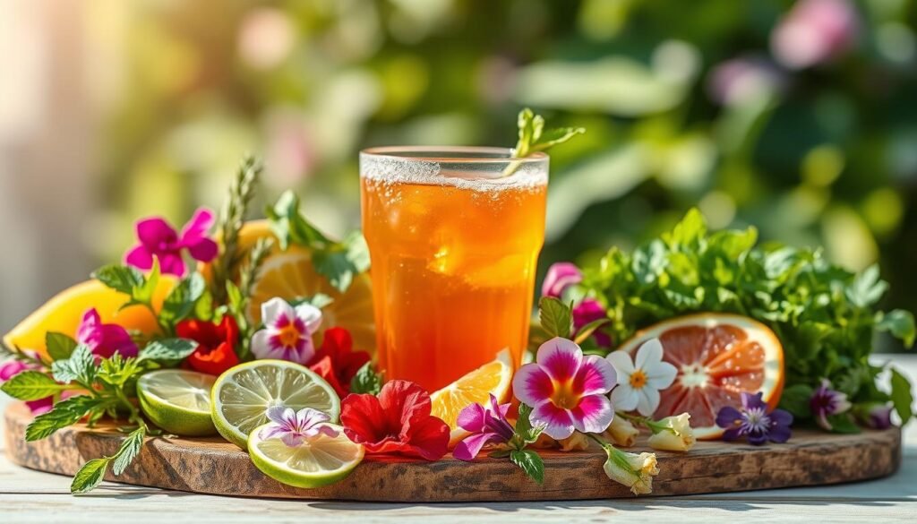 Cocktail garnishes summer presentation: An arrangement of vibrant, fresh garnishes displayed against a light, airy backdrop. In the foreground, a selection of colorful fruits, herbs, and botanicals - sliced limes, sprigs of mint, edible flowers, and citrus wedges - artfully arranged on a rustic wooden board. The middle ground features a clear glass filled with an amber-hued cocktail, condensation glistening on the outside. Soft, natural lighting casts a warm, summery glow, highlighting the textures and colors. The background is a blurred, out-of-focus scene evoking a lush, garden-like setting - perhaps a glimpse of greenery or a sun-dappled patio. The overall mood is refreshing, inviting, and visually appealing, reflecting the perfect summer cocktail presentation.