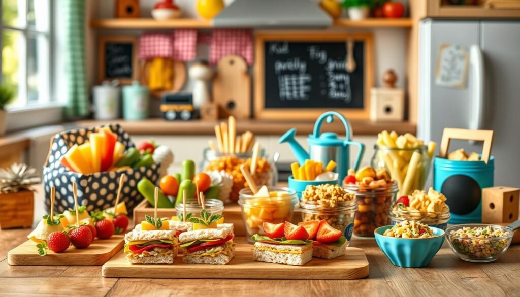Colorful and vibrant still life scene of kid-friendly lunch recipes. In the foreground, an assortment of healthy and creative meal options like mini sandwiches, fruit skewers, veggie cups, and snack mixes arranged neatly on a wooden table. The middle ground features playful textures and patterns, such as patterned fabrics, chalkboard accents, and whimsical props like a small watering can or wooden blocks. The background is softly blurred, hinting at a cheerful, sun-dappled kitchen setting. The lighting is warm and natural, illuminating the scene with a bright, inviting atmosphere. The overall composition is balanced and visually appealing, capturing the spirit of fun and imagination in kids' lunchtime meals.