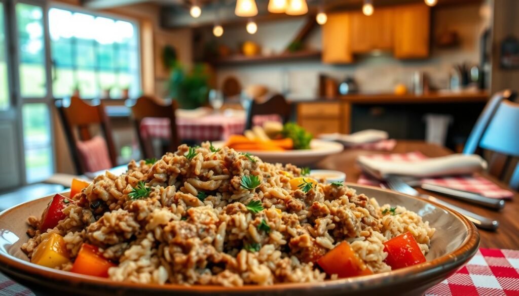 Comfort food ground turkey dinner: A cozy, inviting scene of a hearty, home-cooked meal. In the foreground, a plate overflows with fragrant, flavorful ground turkey, rice, and roasted vegetables, garnished with fresh herbs. The middle ground features a rustic wooden table, set with a checkered tablecloth, napkins, and a simple, warm lighting fixture overhead. The background showcases a cozy, farmhouse-inspired kitchen, with exposed beams, warm-toned cabinets, and a window overlooking a lush, countryside view. The overall atmosphere is one of nourishment, relaxation, and the comforting familiarity of a satisfying, home-cooked dinner.