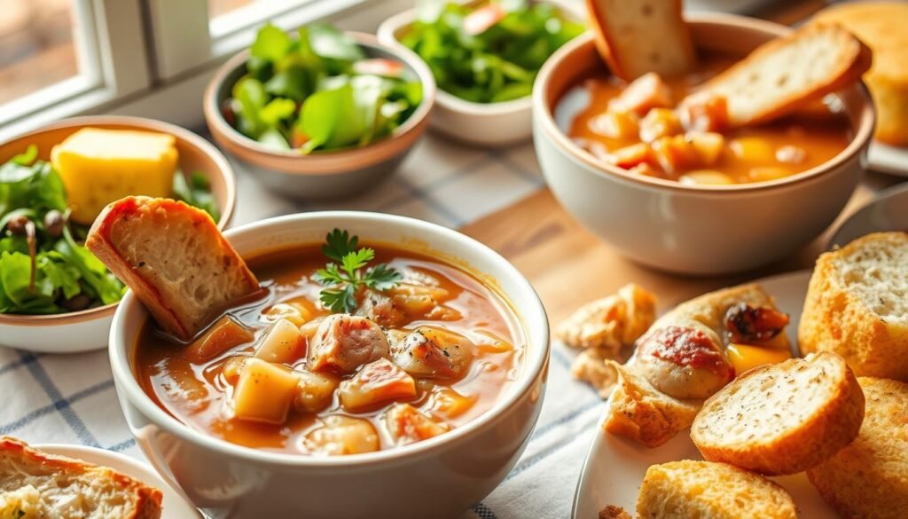 Comforting ham bone soup recipes, rich and savory, simmered to perfection. Steaming bowls filled with tender chunks of ham, hearty vegetables, and a complex broth that has extracted every ounce of flavor from the bone. Garnished with fresh parsley, a sprinkle of cracked black pepper, and accompanied by crusty bread for dipping. The scene is warm and inviting, lit by soft natural light filtering through a kitchen window, casting a cozy glow over the table setting. Presented as the star dish, with complementary side dishes such as a fresh green salad and buttery cornbread arranged alongside, creating a harmonious and satisfying meal.