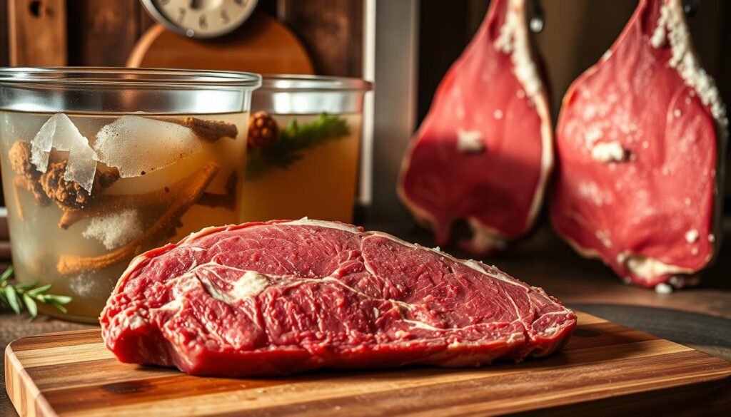 Corned beef brisket preparation and curing process: a crisp and detailed image showcasing the various stages of this classic meat preparation. In the foreground, a wooden cutting board displays a raw, unprocessed brisket, its marbled texture and deep red hue evident. In the middle ground, the brisket is submerged in a brine solution, surrounded by aromatic spices and herbs. The background depicts the curing process, with the brisket hanging in a temperature-controlled environment, its surface glistening with a layer of salt crystals. Warm, directional lighting casts subtle shadows, emphasizing the rugged textures and intricate details of this traditional culinary technique. The overall atmosphere conveys the care, patience, and expertise required to transform this humble cut of meat into the beloved corned beef.