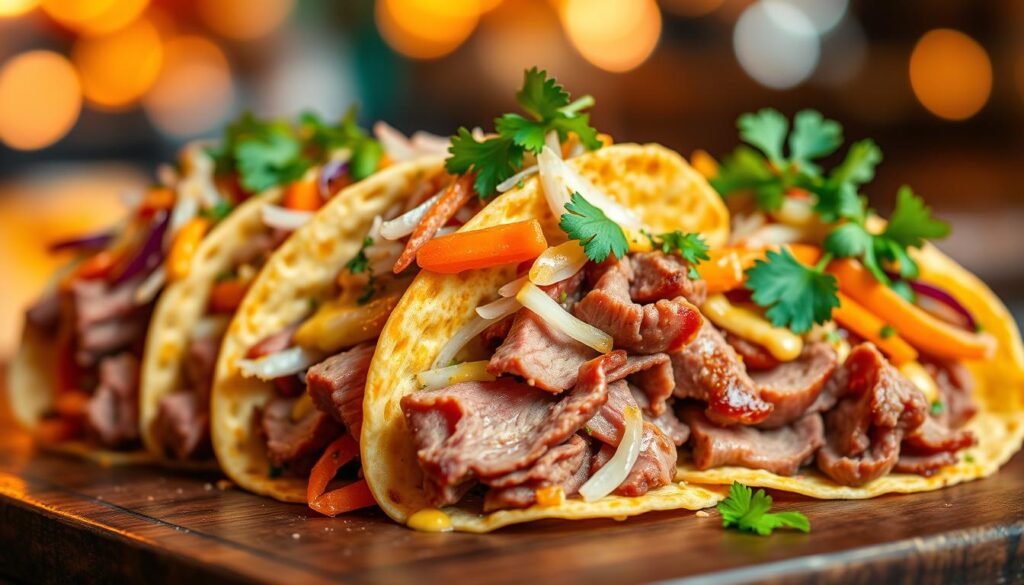 Corned beef tacos with vibrant garnishes and unique fusion flavors. Crisp corn tortillas cradle tender slices of corned beef, topped with a medley of sautéed cabbage, carrots, and onions. Drizzle of tangy mustard sauce, sprinkle of crunchy sauerkraut, and fresh cilantro leaves lend layers of texture and taste. Warm lighting casts a cozy glow, while a bokeh background hints at an international dining experience. Angles accentuate the handcrafted, artisanal nature of this corned beef taco fusion dish.