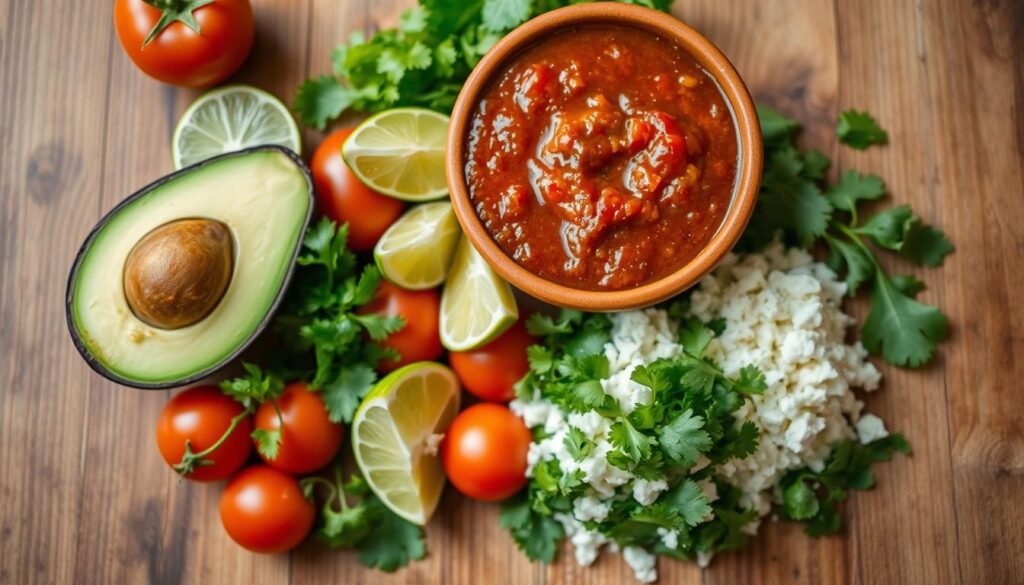 Crisp, vibrant overhead shot of a wooden table surface. In the foreground, an assortment of fresh Mexican ingredients: ripe avocado, juicy tomatoes, zesty lime wedges, fragrant cilantro, and a pile of crumbled queso fresco. In the middle ground, a clay bowl filled with rich, simmered salsa, its deep red hue glistening under warm, directional lighting. The background is softly blurred, emphasizing the key elements of this classic Mexican salad base. The mood is clean, appetizing, and evocative of authentic Mexican flavors. Crisp, vibrant overhead shot of a wooden table surface. In the foreground, an assortment of fresh Mexican ingredients: ripe avocado, juicy tomatoes, zesty lime wedges, fragrant cilantro, and a pile of crumbled queso fresco. In the middle ground, a clay bowl filled with rich, simmered salsa, its deep red hue glistening under warm, directional lighting. The background is softly blurred, emphasizing the key elements of this classic Mexican salad base. The mood is clean, appetizing, and evocative of authentic Mexican flavors.
