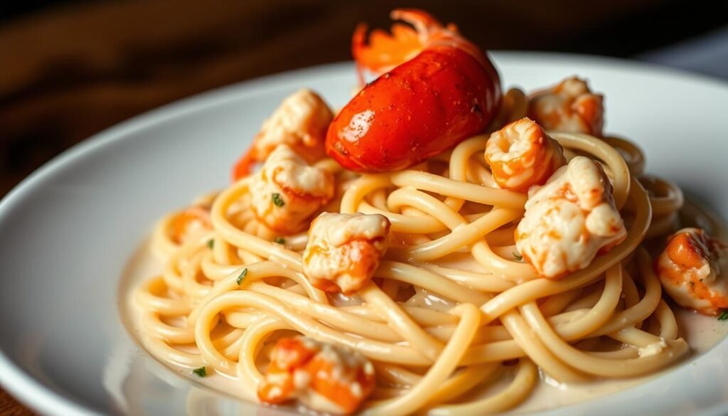 Delectable lobster linguine, bathed in a creamy, garlic-infused sauce, adorned with plump, tender morsels of succulent lobster. The al dente pasta noodles twirl gracefully, inviting a visually stunning and mouthwatering dining experience. Vibrant red and orange hues from the lobster contrast beautifully against the pale creamy sauce, creating a visually striking composition. Soft, diffused lighting casts a warm, intimate glow, heightening the dish's allure. The image is captured from a slightly elevated angle, allowing the viewer to appreciate the dish's intricate details and textures. An elegant, upscale presentation that would undoubtedly impress any guest.