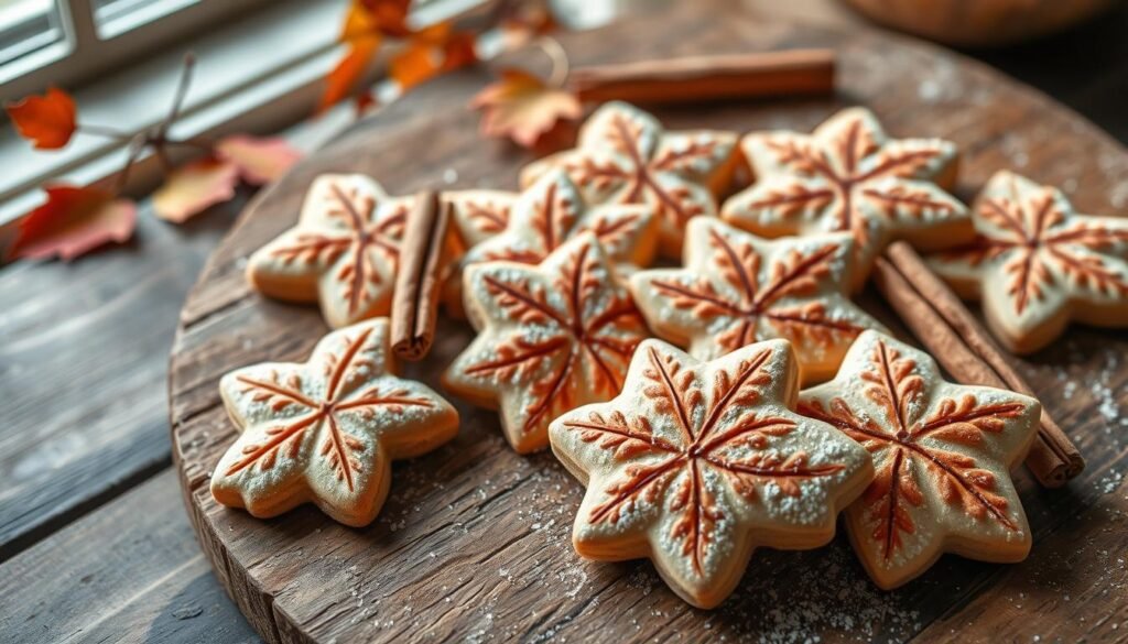 Delicate fall-themed sugar cookies, arranged artfully on a rustic wooden surface. The cookies are adorned with intricate leaf designs, cinnamon sticks, and a light dusting of powdered sugar, evoking the warm hues of autumn. Soft, natural lighting from a nearby window casts a gentle glow, highlighting the rich textures and warm tones. The overall composition creates a cozy, inviting atmosphere, perfectly capturing the essence of fall baking and the joy of indulging in comforting seasonal treats.