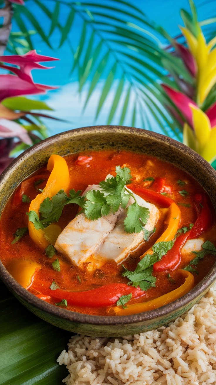 Caribbean Fish Stew Recipe A bowl of Caribbean fish stew with fish, tomatoes, and bell peppers, garnished with cilantro, served with rice in a tropical setting.