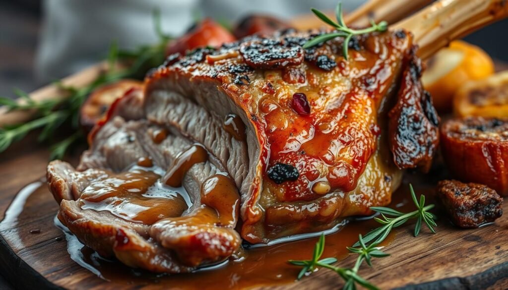 Detailed close-up of a traditional roasted lamb dish, with crispy golden-brown skin and a glistening, tender interior. The lamb is arranged on a rustic wooden surface, surrounded by fresh herbs, roasted vegetables, and a drizzle of rich, savory gravy. Soft, diffused lighting creates a warm, inviting atmosphere, highlighting the dish's mouthwatering appearance. The composition emphasizes the classic, comforting nature of this beloved lamb preparation, capturing the essence of a timeless culinary tradition.