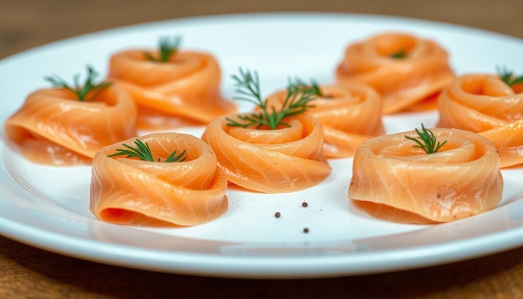 Detailed close-up of elegant smoked salmon rosettes artfully arranged on a pristine white plate. The salmon is thinly sliced, meticulously curled and layered to form intricate spiral patterns, revealing the soft orange hues and glistening textures. Delicate sprigs of fresh dill and a light dusting of black pepper accentuate the natural flavors. Soft, even lighting from above casts gentle shadows, highlighting the refined presentation. The composition is framed with a shallow depth of field, drawing the viewer's eye to the centerpiece of this sophisticated appetizer. Detailed close-up of elegant smoked salmon rosettes artfully arranged on a pristine white plate. The salmon is thinly sliced, meticulously curled and layered to form intricate spiral patterns, revealing the soft orange hues and glistening textures. Delicate sprigs of fresh dill and a light dusting of black pepper accentuate the natural flavors. Soft, even lighting from above casts gentle shadows, highlighting the refined presentation. The composition is framed with a shallow depth of field, drawing the viewer's eye to the centerpiece of this sophisticated appetizer.