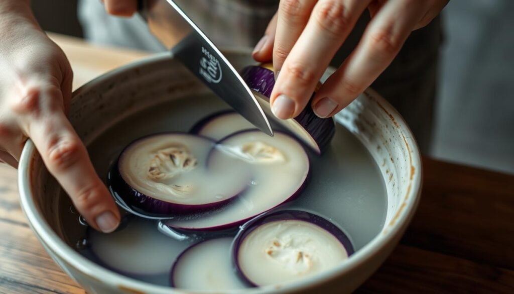 Detailed close-up view of a person's hands slicing and soaking eggplant slices in a ceramic bowl filled with water. The lighting is soft and natural, illuminating the vibrant purple hue of the eggplant and the contrast of the wet, glistening texture. The background is blurred, placing the focus entirely on the prepping process. The angle is slightly elevated, giving a sense of intimacy and showcasing the precise knife work. The mood is serene and instructive, conveying the care and attention required to properly prepare eggplant for cooking.