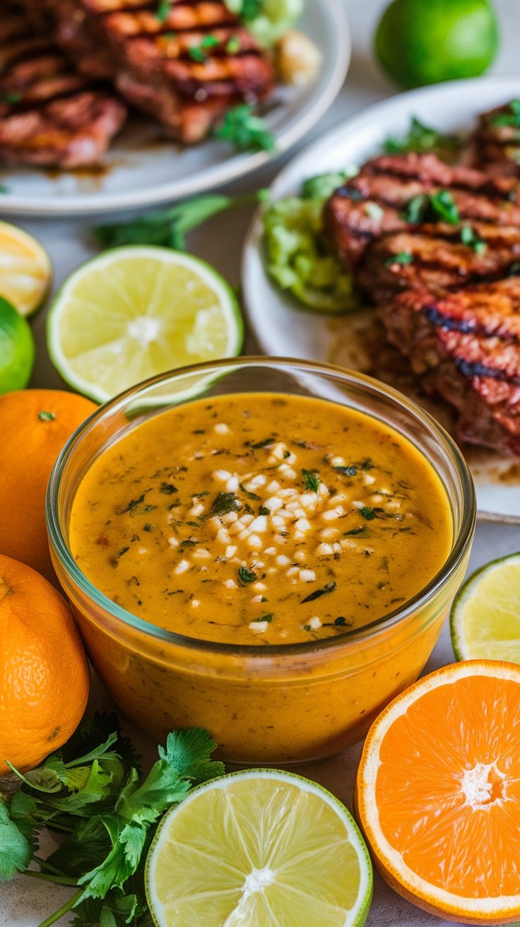 Cuban Mojo Sauce Recipe: Traditional Garlic Citrus Marinade A bowl of Cuban mojo sauce with garlic and herbs, surrounded by citrus fruits and grilled meats.
