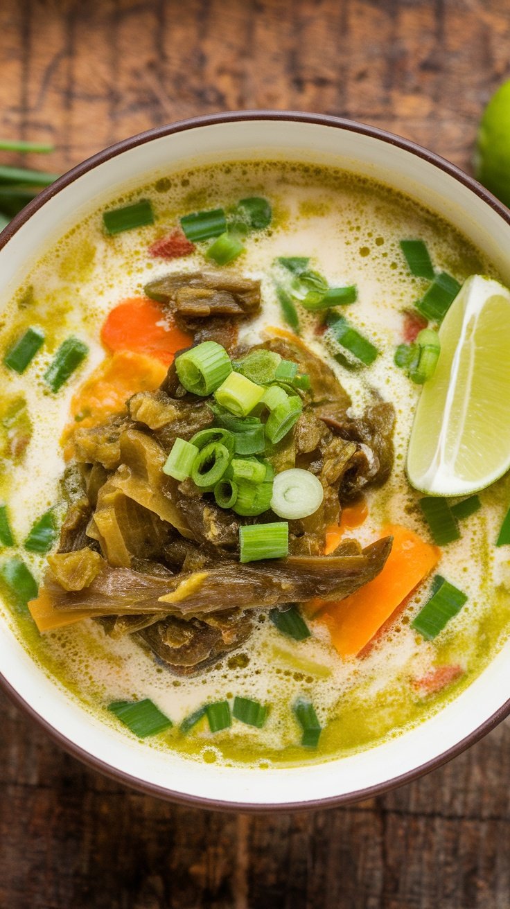 A bowl of dairy-free Caribbean callaloo soup with coconut milk, garnished with green onions and lime.
