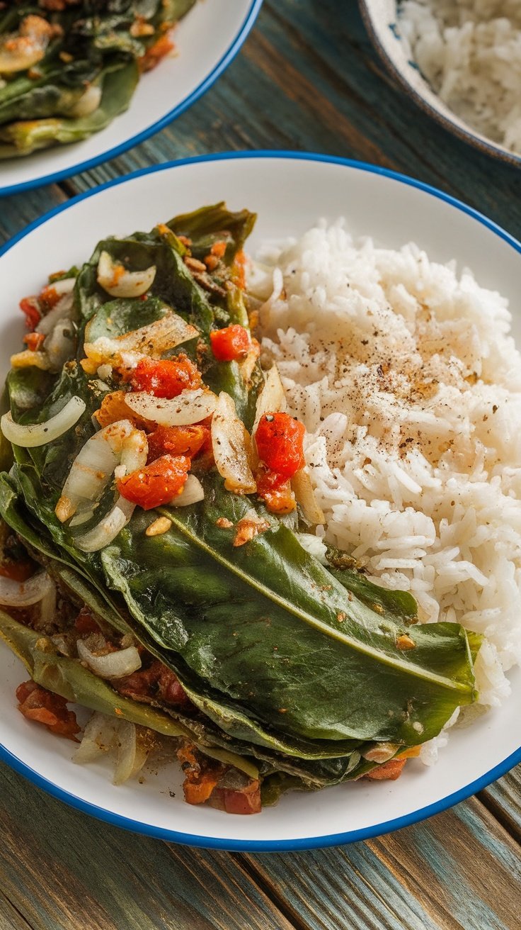 Traditional Jamaican Callaloo Recipe A colorful plate of sautéed Jamaican callaloo with onions and tomatoes, served with rice.