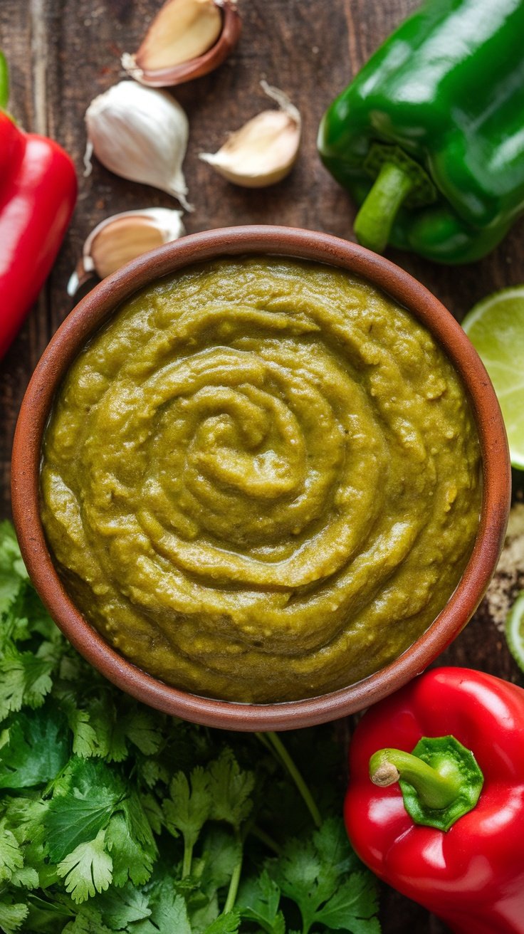 Traditional Puerto Rican Sofrito Recipe A bowl of traditional Puerto Rican sofrito with fresh herbs and peppers, surrounded by garlic and aji dulce.
