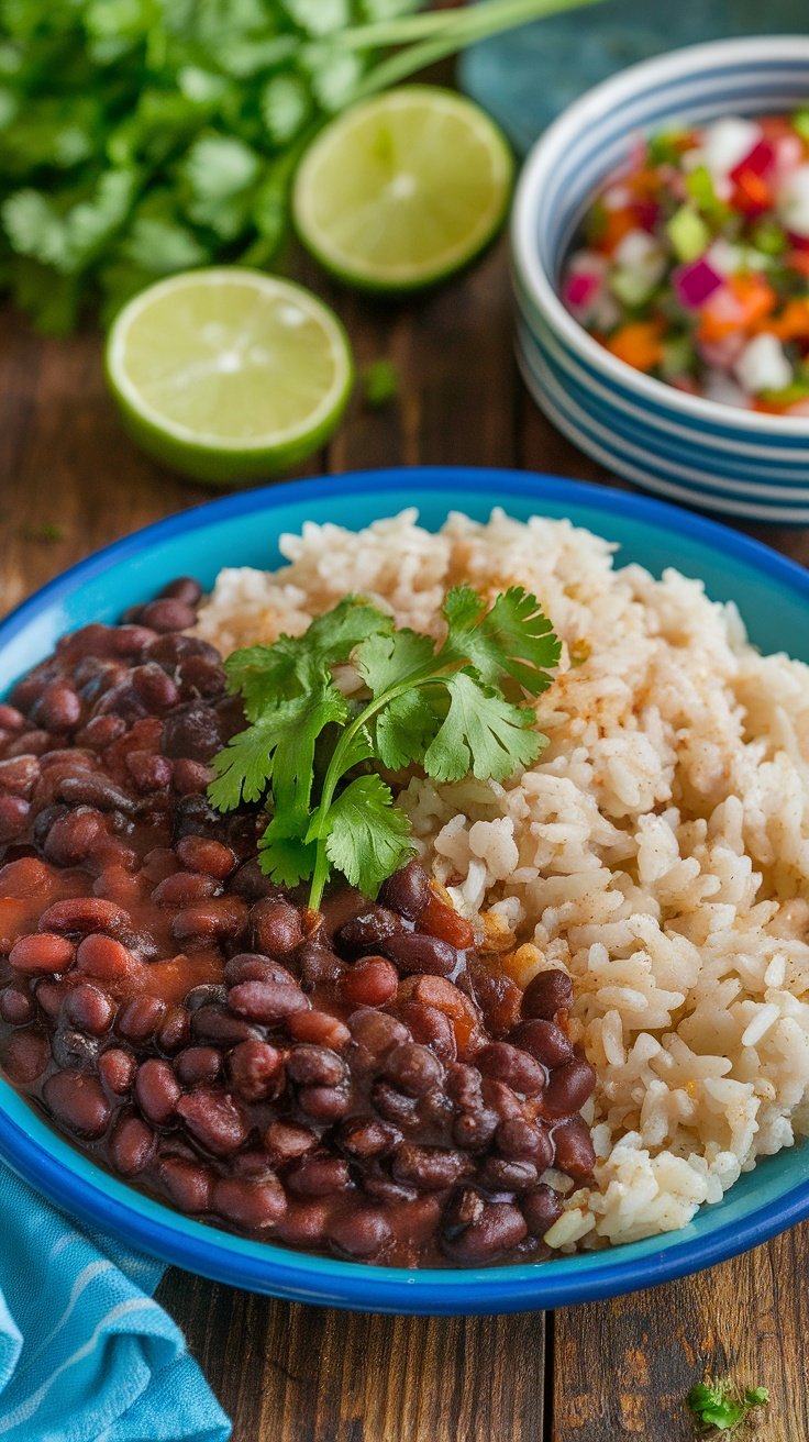 Cuban Black Beans and Rice Vegan Recipe A plate of Cuban black beans and rice garnished with cilantro, served with lime wedges on a rustic table.