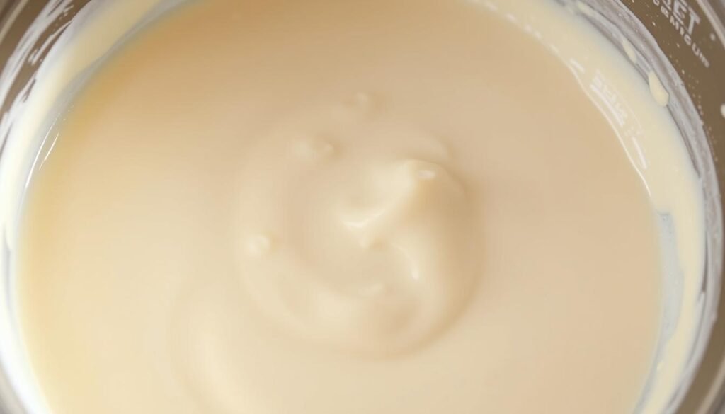 Fluffy, cloud-like Japanese pancake batter swirling in a large mixing bowl. Glistening wet ingredients - eggs, milk, and flour - blending together in a smooth, creamy texture. Airy, light-as-air bubbles forming on the surface, hinting at the pillowy softness to come. Soft, natural lighting illuminates the batter from above, casting gentle shadows and highlights. The bowl is positioned at a slight angle, inviting the viewer to imagine the delicate, golden pancakes that will soon emerge.