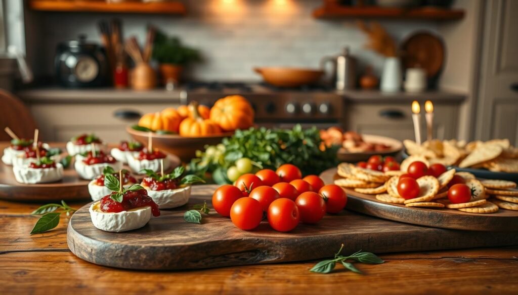 Freshly prepared Thanksgiving appetizers set against a cozy, inviting kitchen backdrop. A variety of bite-sized, no-cook options artfully arranged on a rustic wooden table, including creamy baked brie bites with cranberry chutney, caprese skewers with cherry tomatoes and basil, and savory cheese and cracker platters. Warm, ambient lighting casts a soft glow, highlighting the vibrant colors and textures of the appetizers. The scene conveys a sense of effortless elegance and anticipation for the upcoming holiday feast. Freshly prepared Thanksgiving appetizers set against a cozy, inviting kitchen backdrop. A variety of bite-sized, no-cook options artfully arranged on a rustic wooden table, including creamy baked brie bites with cranberry chutney, caprese skewers with cherry tomatoes and basil, and savory cheese and cracker platters. Warm, ambient lighting casts a soft glow, highlighting the vibrant colors and textures of the appetizers. The scene conveys a sense of effortless elegance and anticipation for the upcoming holiday feast.