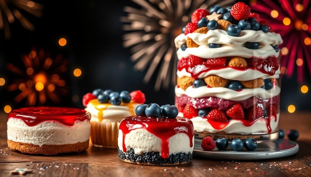 Gorgeous, vibrant desserts glistening under warm, soft lighting. Patriotic red, white, and blue treats float against a backdrop of sparkling stars and swirling fireworks. In the foreground, a ruby-red no-bake cheesecake with a shimmering berry glaze. Beside it, a creamy white panna cotta layered with fresh blueberries and a drizzle of honey. A towering trifle in stars-and-stripes colors commands the center, its layers of fluffy whipped cream, crumbled cookies, and juicy berries. All placed artfully on a rustic wood table, evoking the festive spirit of Independence Day.